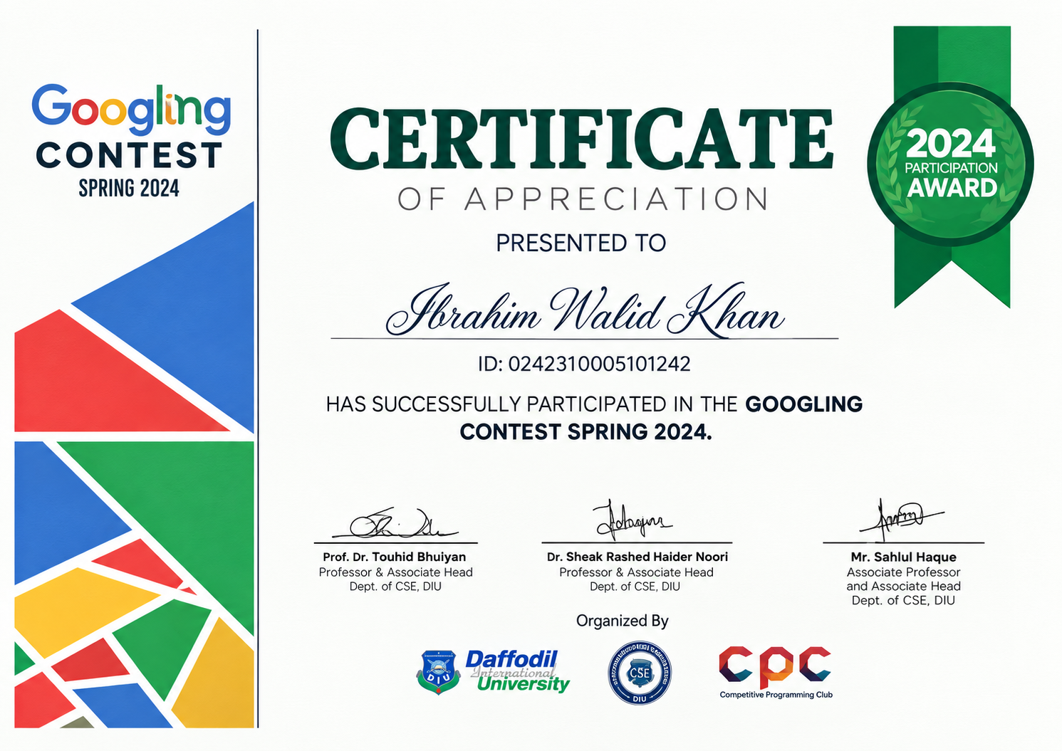 Ibrahim Walid Khan's certificate of appreciation for participation in the Googling Contest, Spring 2024