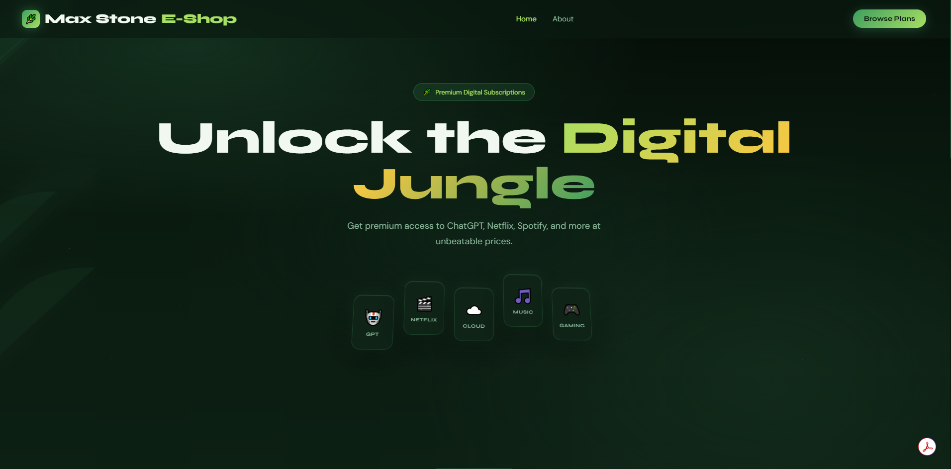 Max Stone E-Shop homepage with a dark green digital storefront design