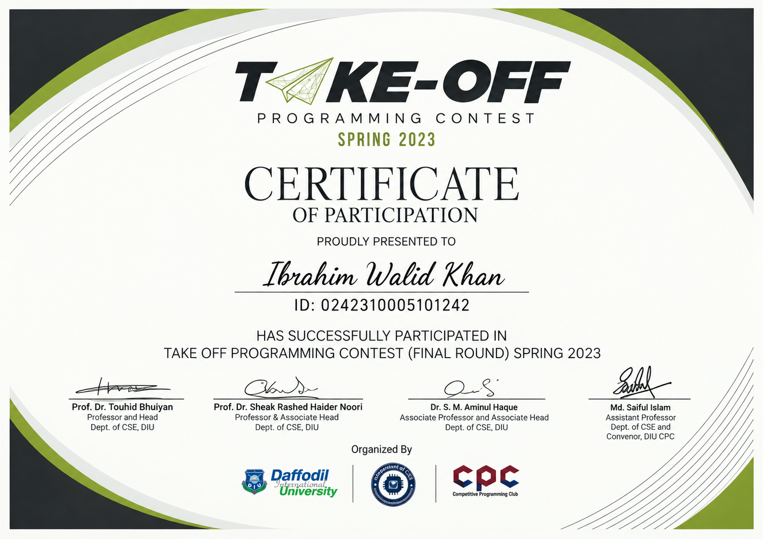 Ibrahim Walid Khan's participation certificate for the final round of the Take-Off Programming Contest, Spring 2023